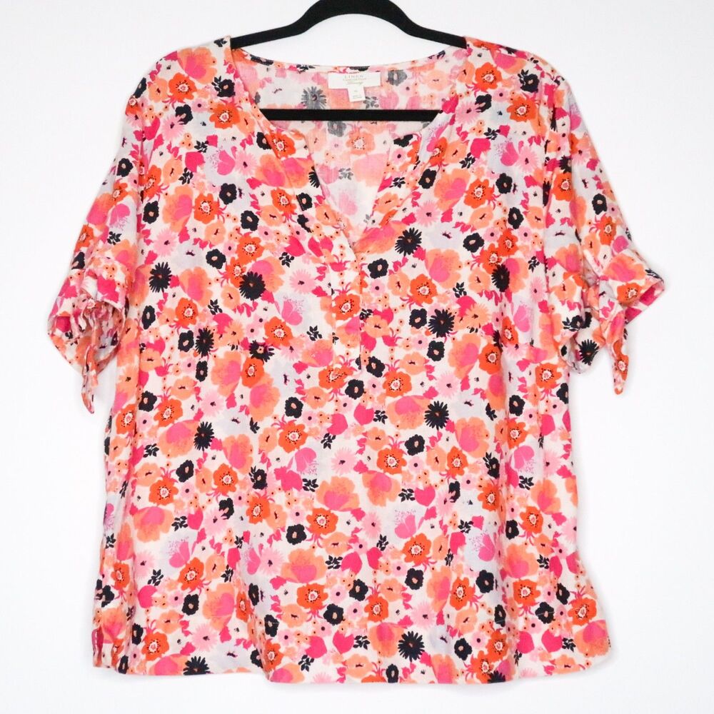 Charter‎ Club Luxury Womens Blouse Size XL Linen Pink Orange Floral Feminine